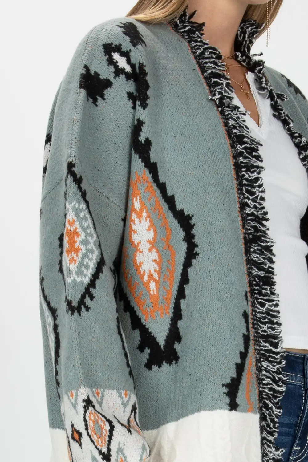 Sweater Block Open Front Aztec Cardigan