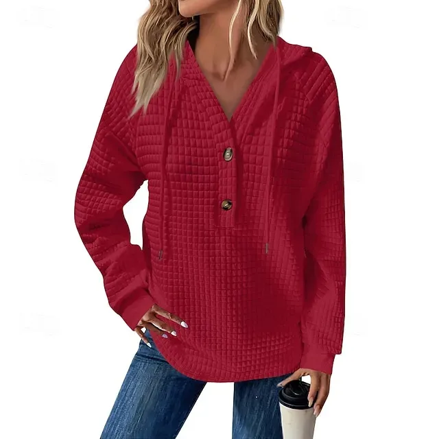 Women's Texture Sweatshirt Waffle Sweatshirt  Pullover Hoodie Sweatshirt Plain Streetwear Casual Long Sleeve Hooded Regular Tops Street Holiday Going out Buttons Black White Pink Wine Fall Winter
