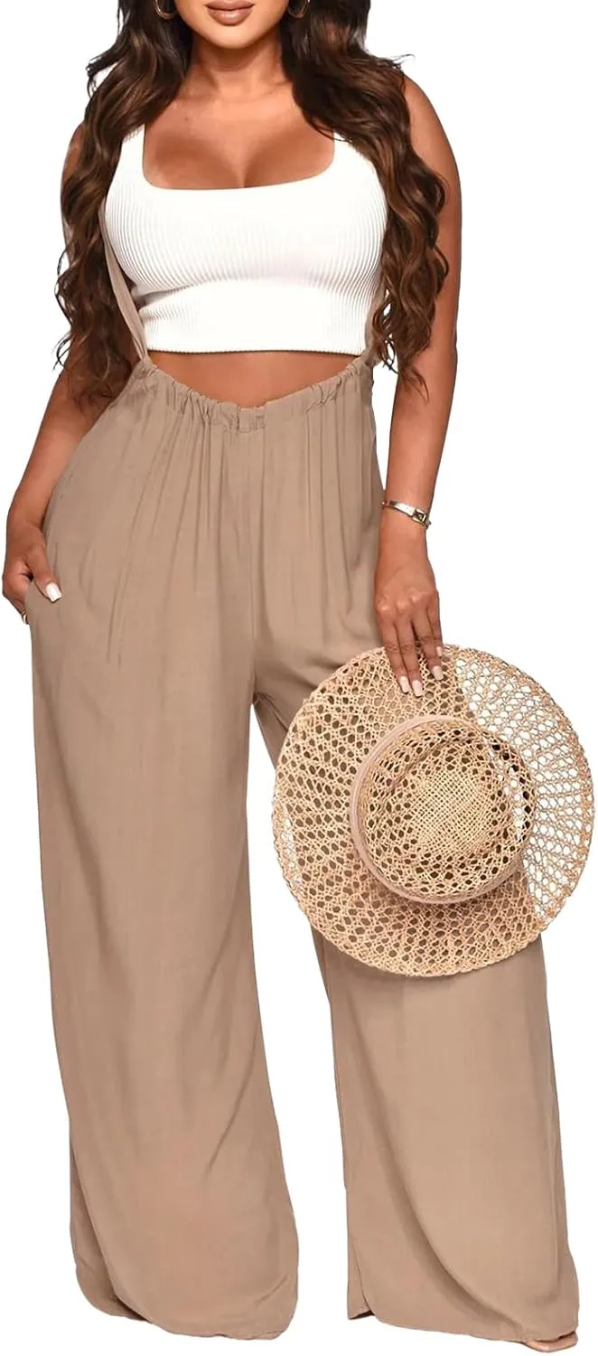 Womens Jumpsuit Casual Loose Sleeveless Adjustable Spaghetti Straps Wide Leg Pants Baggy Overalls With Pockets
