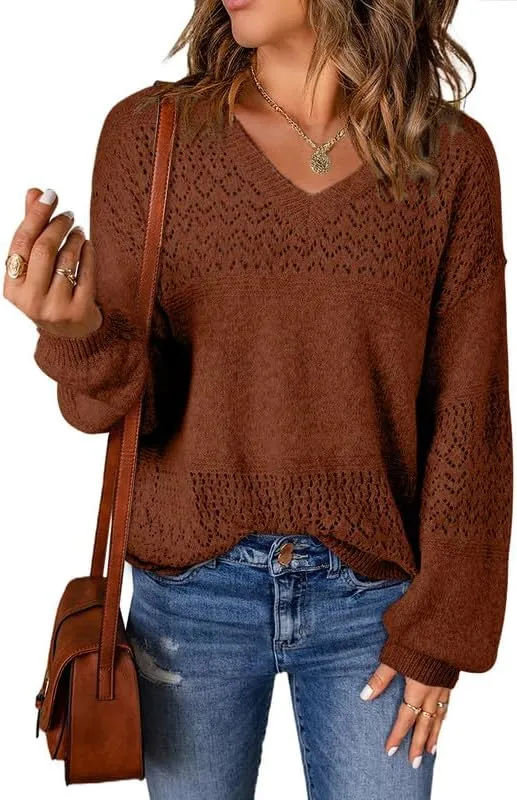 Womens Sweaters Casual Long Sleeve V Neck Lightweight Crochet Pullover Sweater Tops
