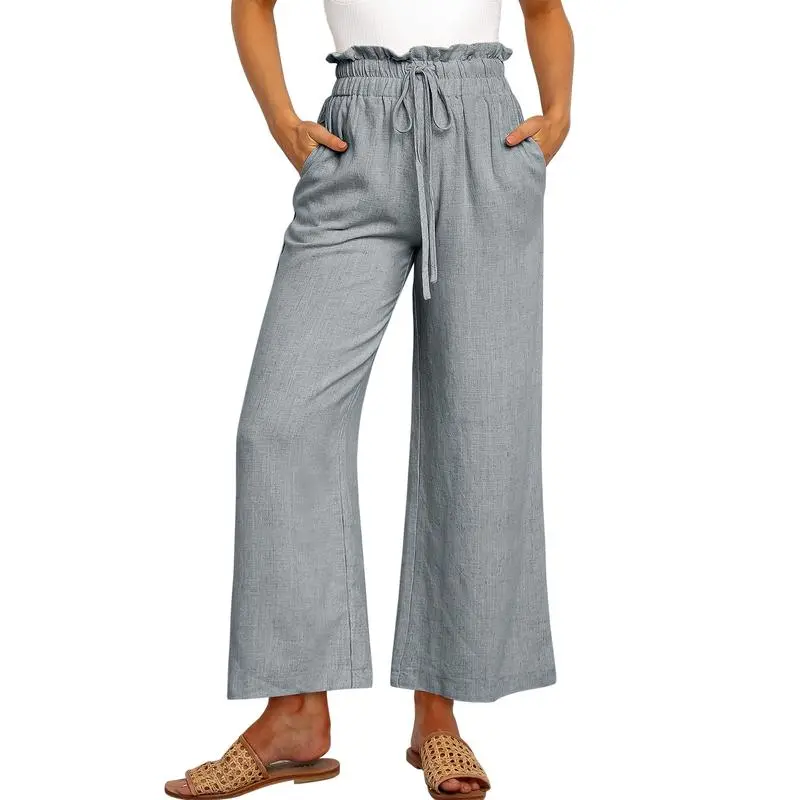 Women's Linen Wide Leg Pants – High Waist Drawstring Trousers with Pockets