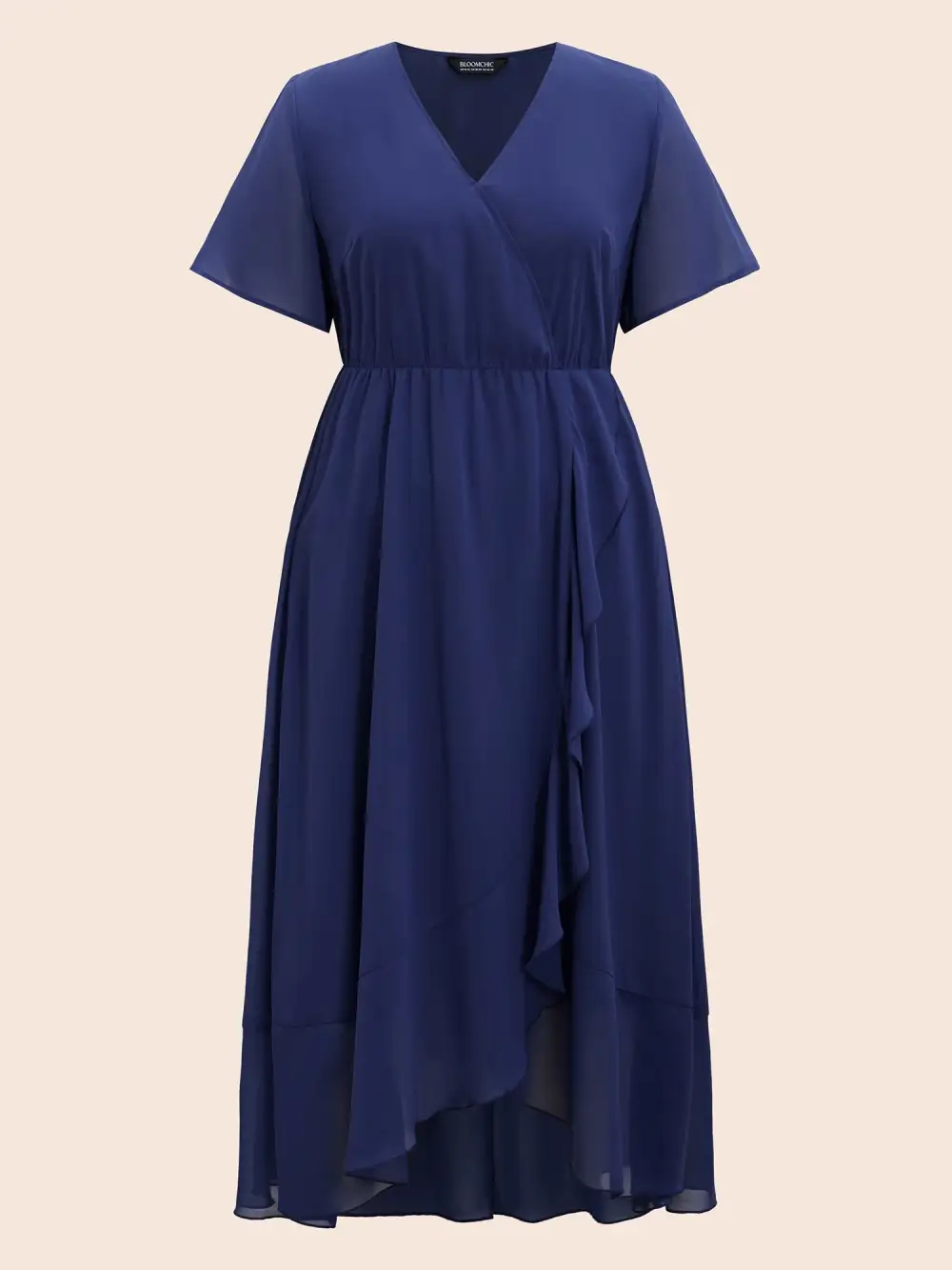 Chiffon Overlap Collar Ruffle Sleeve Dress