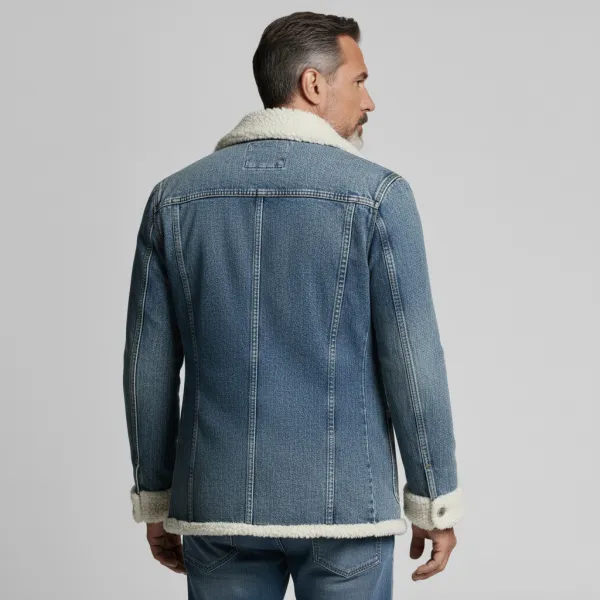 Men's Blue Denim Notched Lapel Two Button Patch Pockets Long Sleeve Sherpa-Lined Jacket