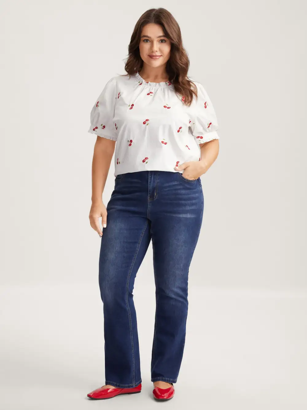 Cotton Cherry Embroidery Ruffled Neck Blouse