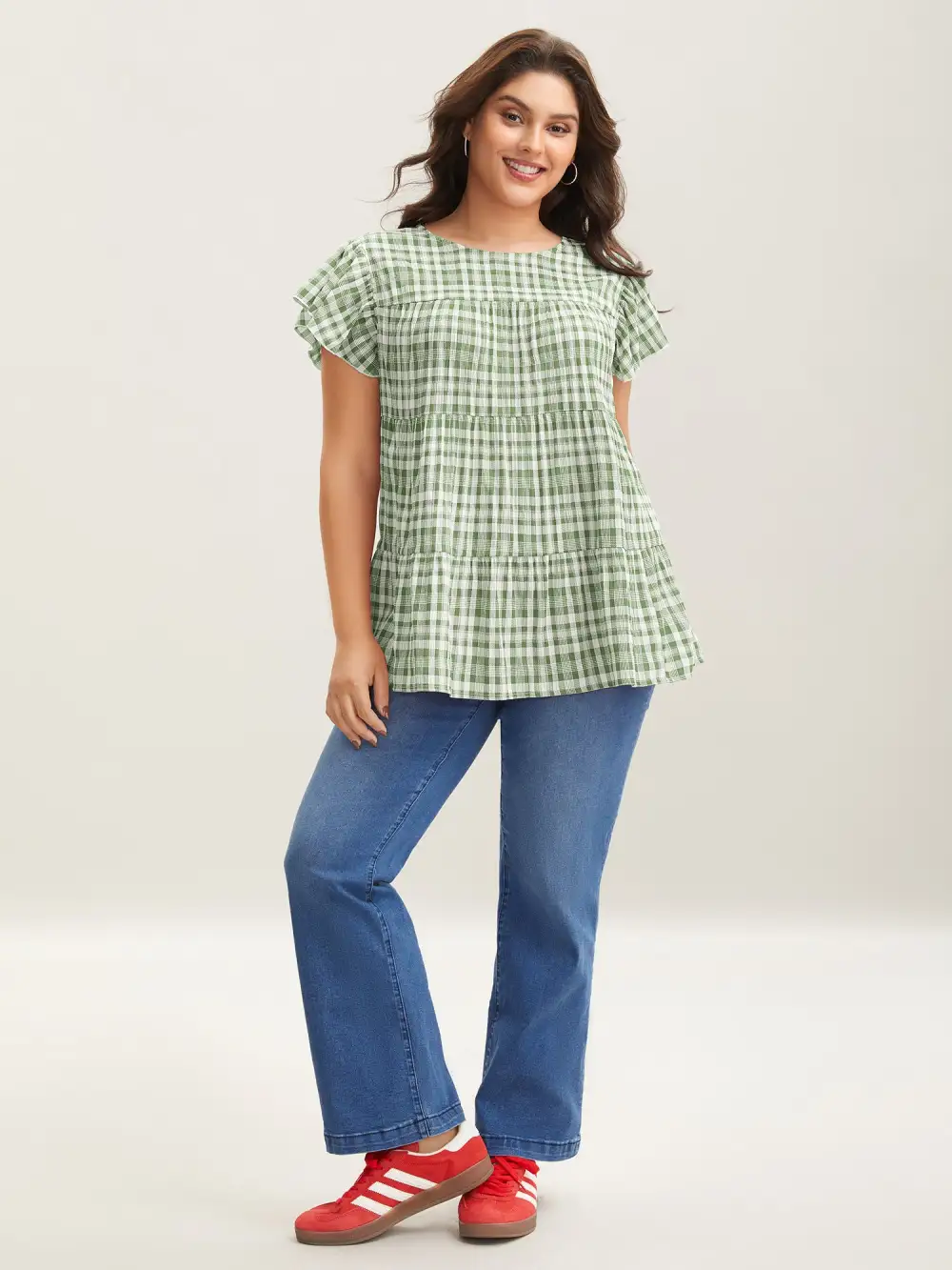 Plaid Print Textured Lotus Leaf Sleeve Shirt