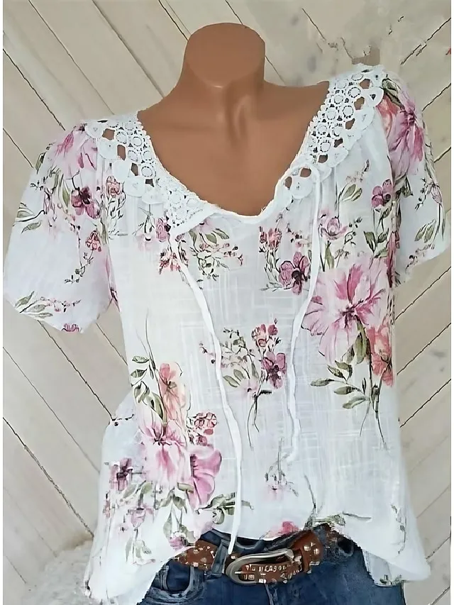 Women's Shirt Blouse Floral White Pink Blue Lace up Print Short Sleeve Casual Holiday Basic V Neck Regular Fit