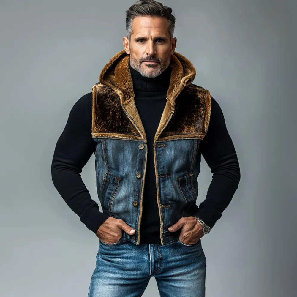 Men's Plush Patchwork Denim Single Breasted Hooded Vest