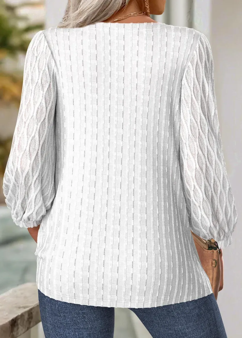 White Tummy Coverage Long Sleeve Split Neck Blouse