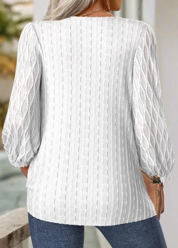 White Tummy Coverage Long Sleeve Split Neck Blouse