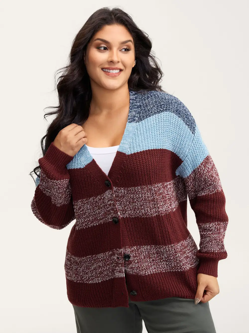 Colorblock Buttons V-Neck Knit Cardigan