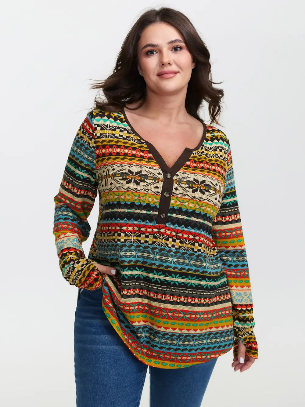 Colorful Stripe Button Placket T-Shirt