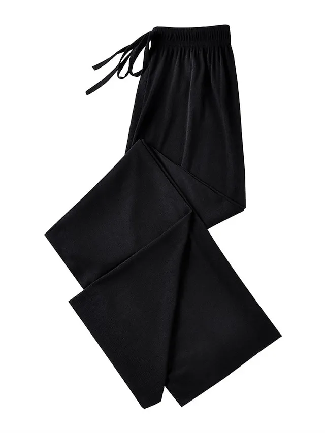 Women's Wide Leg Chinos Baggy Mid Waist Full Length Black Summer