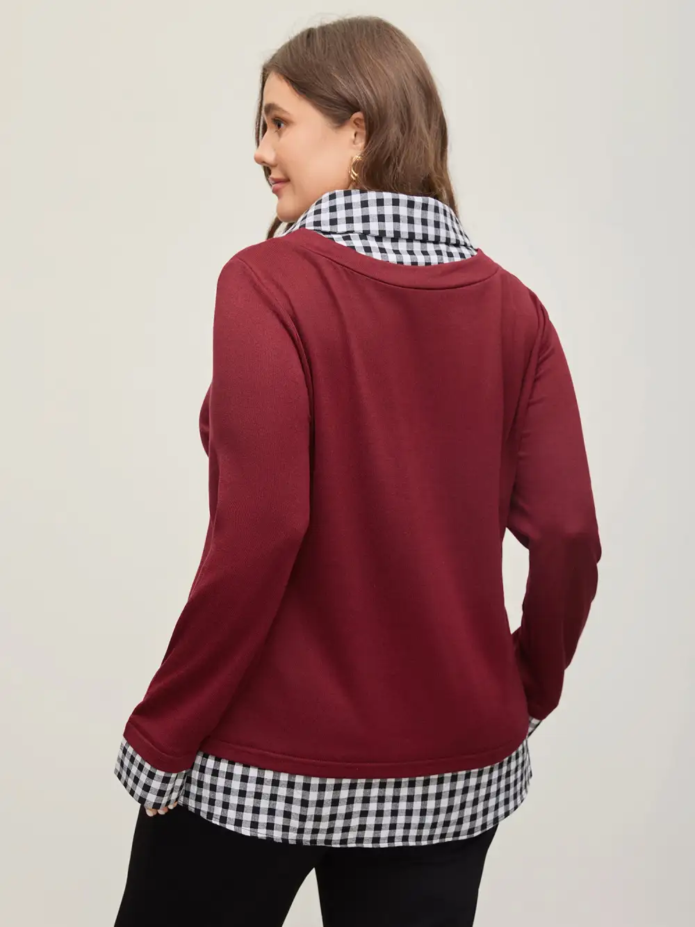 Gingham Patchwork Shirt Collar Arc Hem Sweatshirt