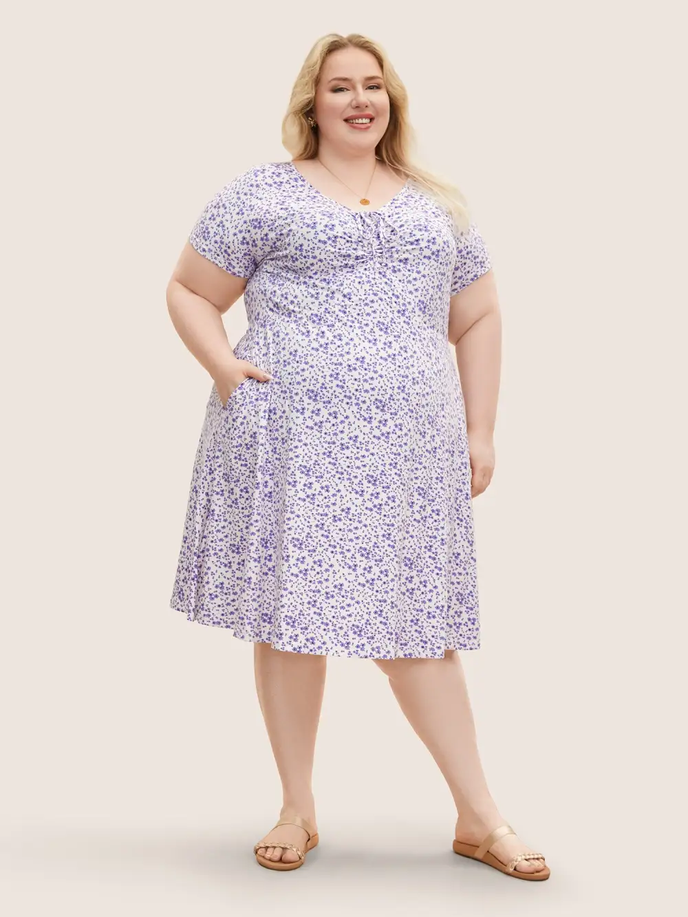 Ditsy Floral Elastic Waist Knot Drawstring Dress