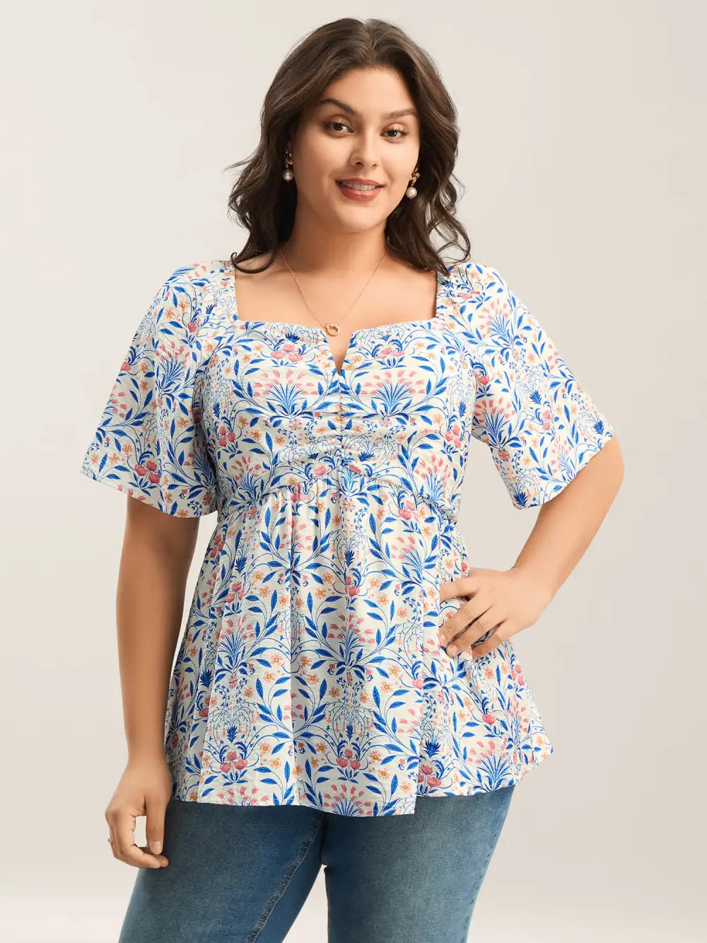 Floral Print Ruched Bodice Blouse