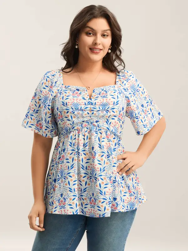 Floral Print Ruched Bodice Blouse