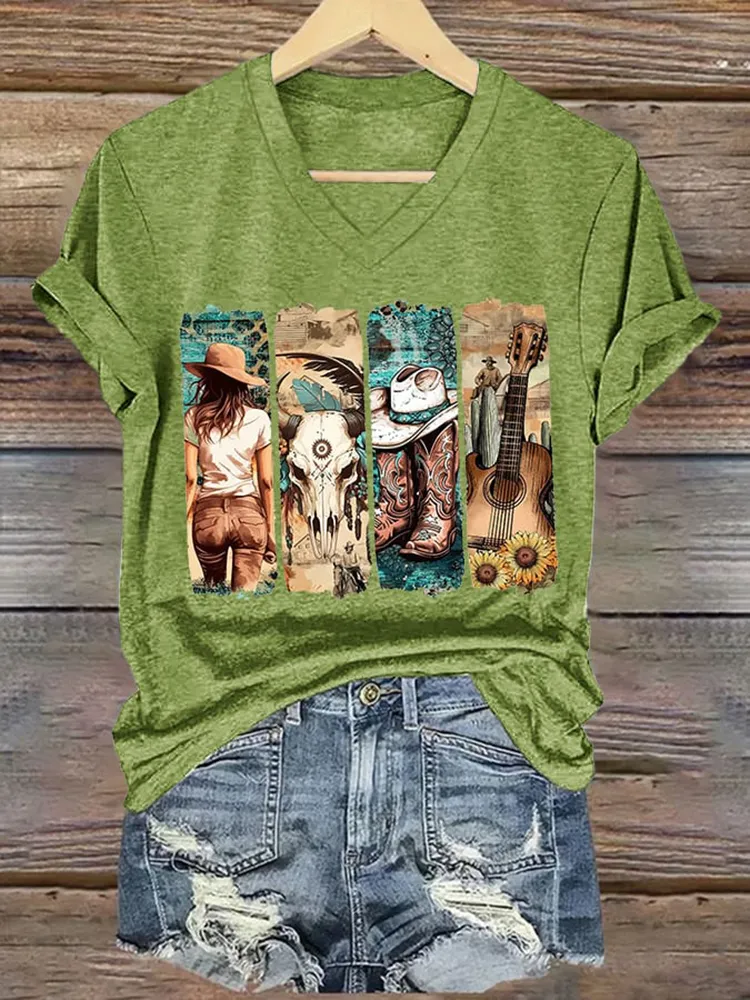 Patterned Printed V-Neck Short-Sleeved T-Shirt