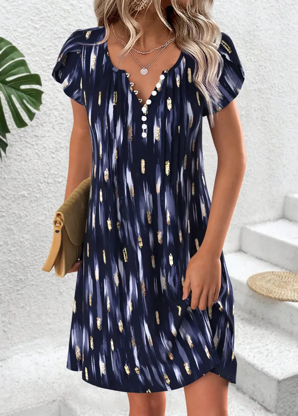Navy Geometric Print Short Split Neck Dress
