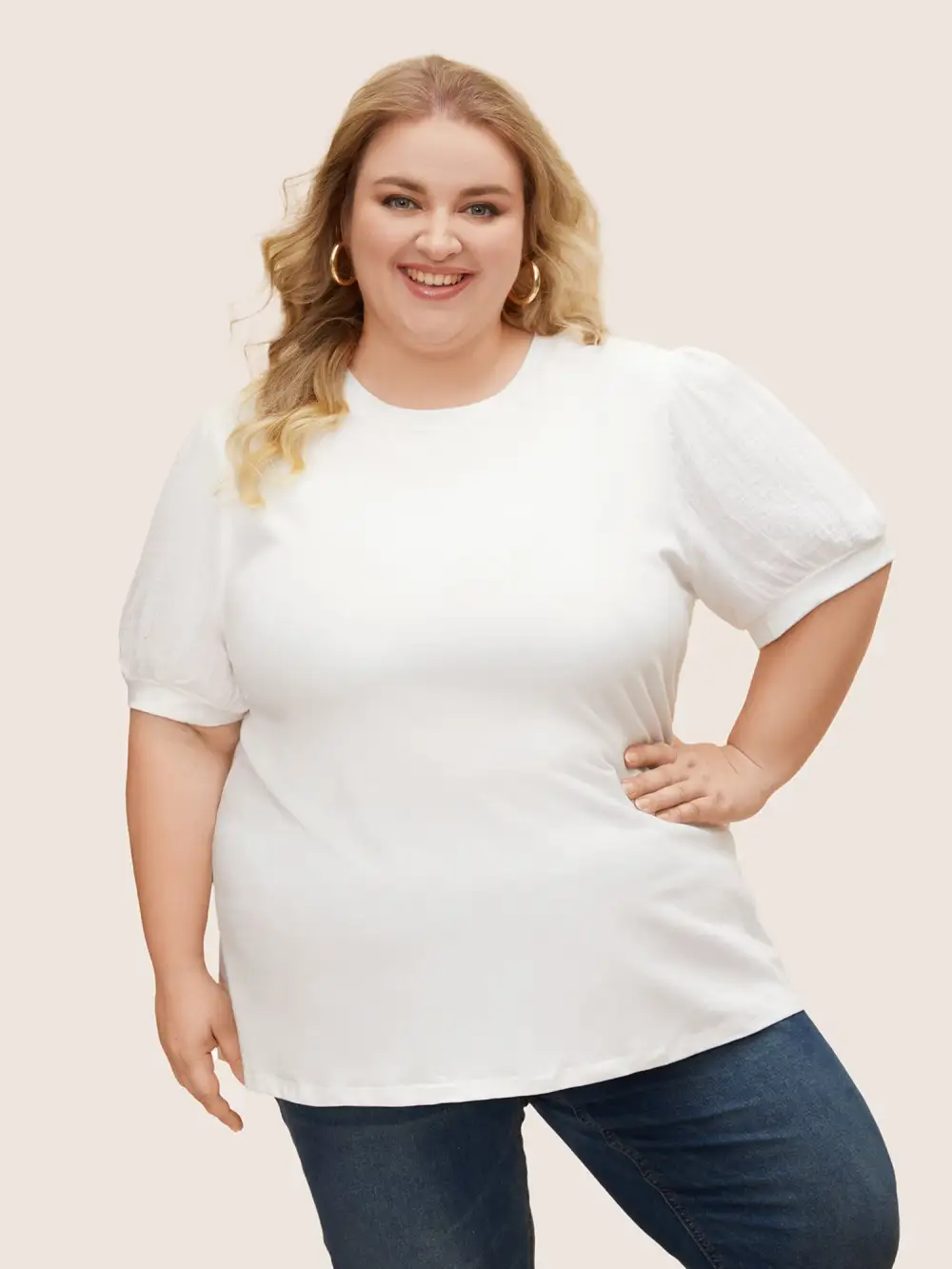 Plain Textured Patchwork Lantern Sleeve T-Shirt