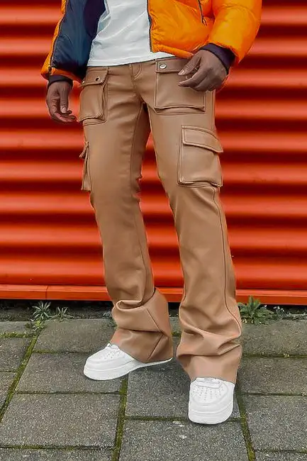 Birch Tan Faux Leather Stacked Flare Jean