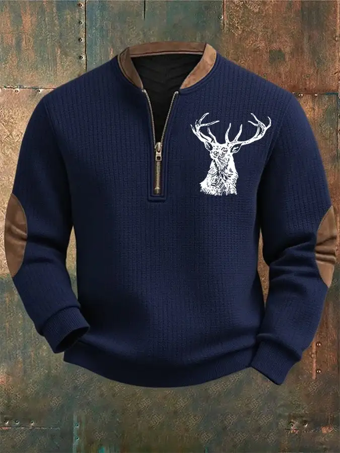Men's Retro Western Contrast Print Zip-Neck Sweatshirt