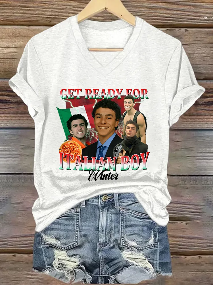 Women's Get Ready For Italian Boy Short Sleeves V-Neck Pure Cotton T-Shirt