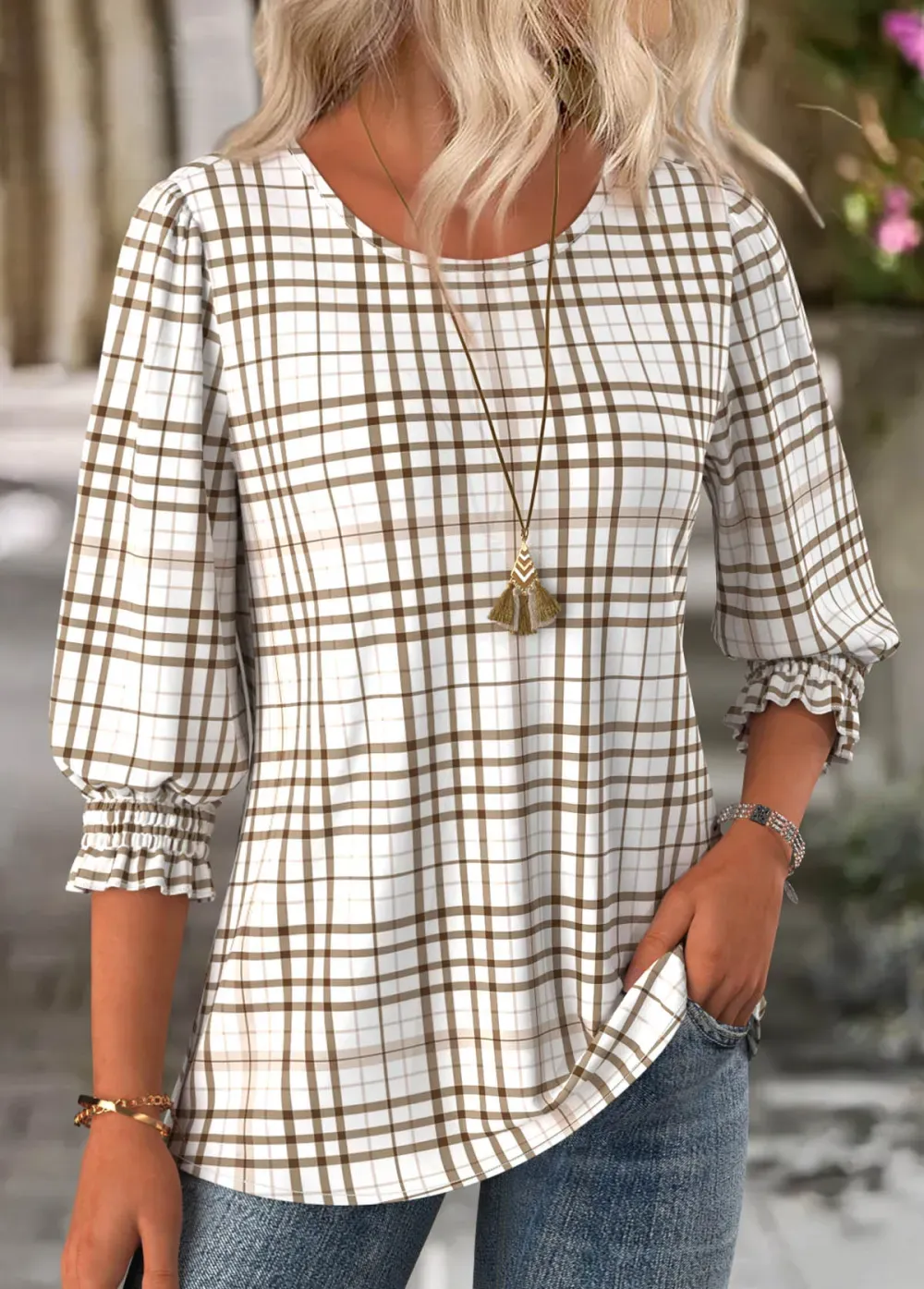Light Camel Plaid 3/4 Sleeve Round Neck Blouse