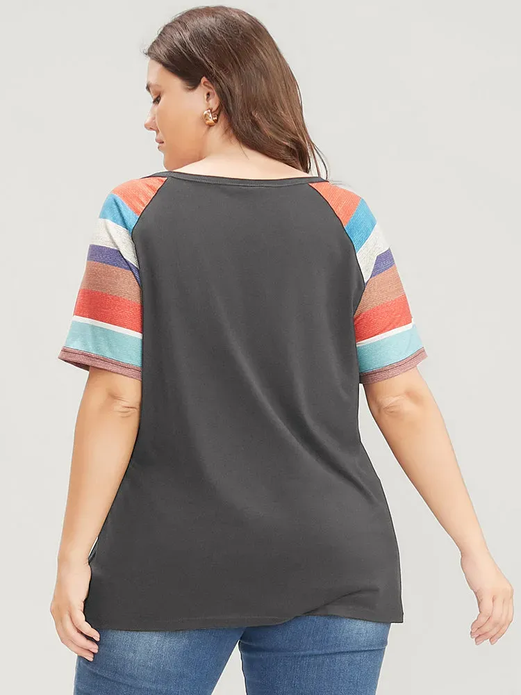 Striped Contrast Raglan Sleeve Round Neck T-shirt