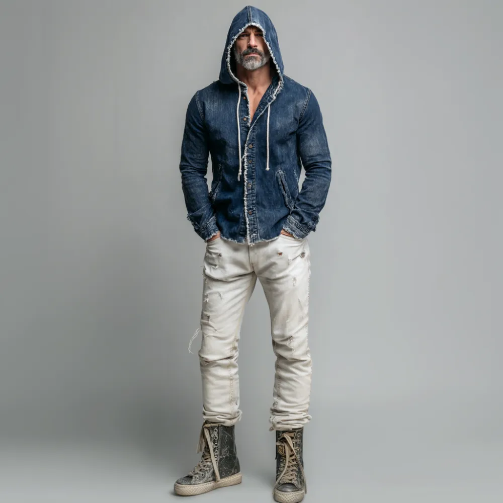 Men's Casual Raw Edge Denim Long Sleeve Pockets Drawstring Hooded Jacket