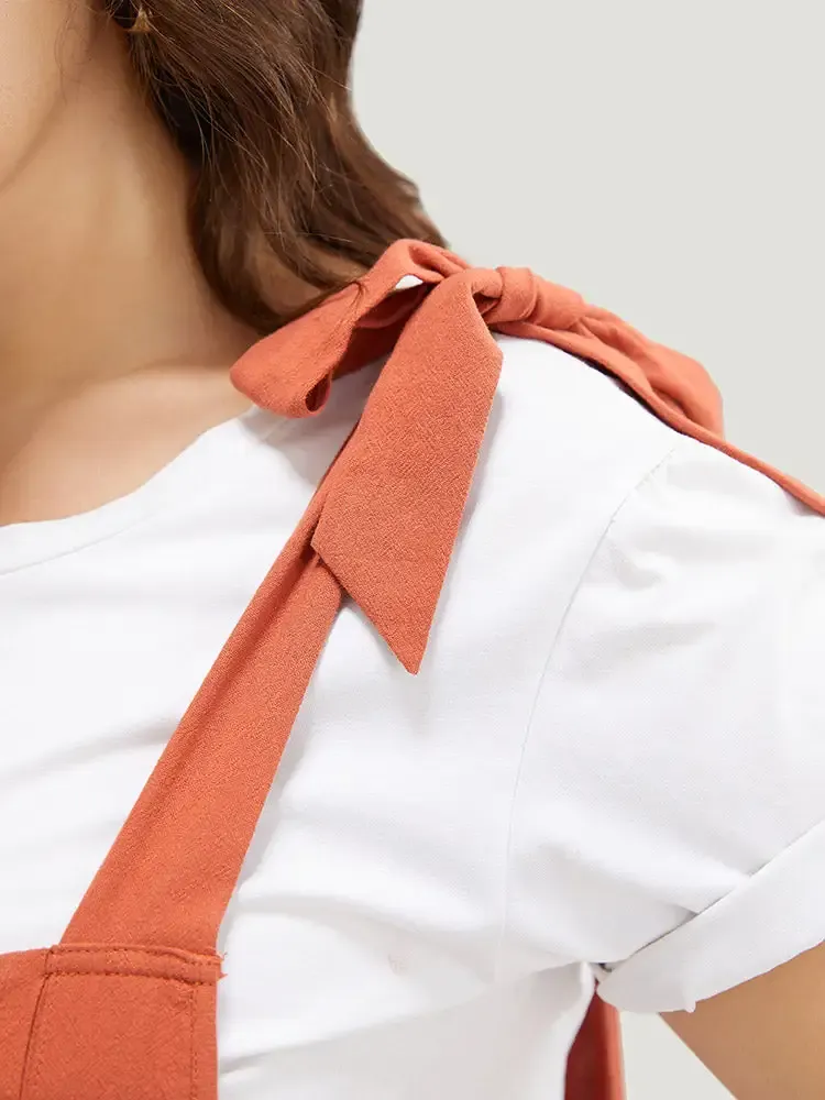 Solid Pleated Detail Pocket Knotted Shoulder Overall Jumpsuit