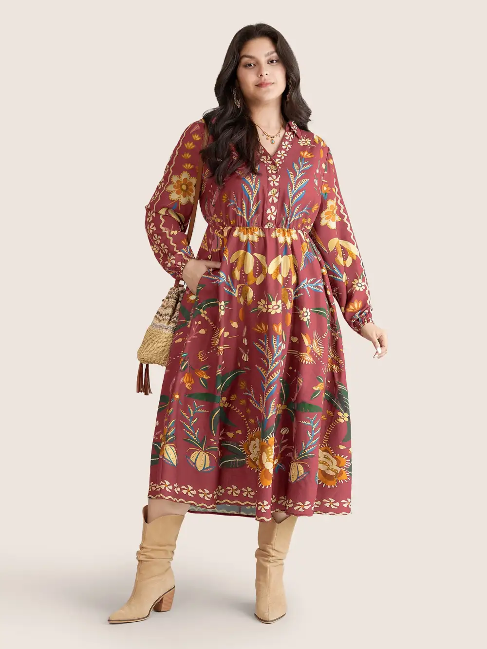 Bandana Print Pocket Lapel Collar Elastic Cuffs Dress