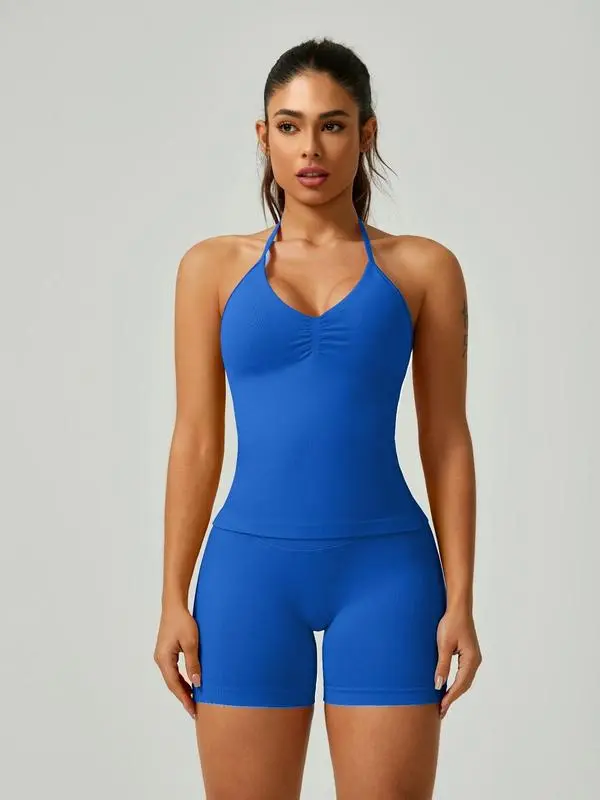 Women's Solid Ruched Design Backless Halter Top & High Waist Shorts Tracksuit Set
