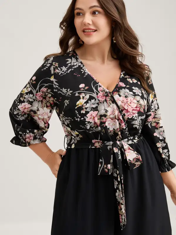 Floral Contrast Belted Wide-Leg Jumpsuit