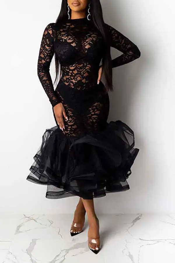 Floral Lace Elegant See-Through Midi Dress