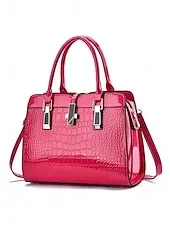 Women's Burgundy Patent Faux Leather Handbag - Croc Embossed Structured Tote Bag with Top Handle and Shoulder Strap, Perfect for Mother's Day Gift, Office, Business and Formal Occasions