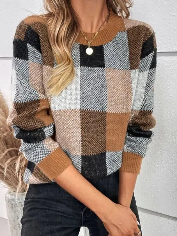 Casual Cotton Plaid Pattern Drop Shoulder Sweater