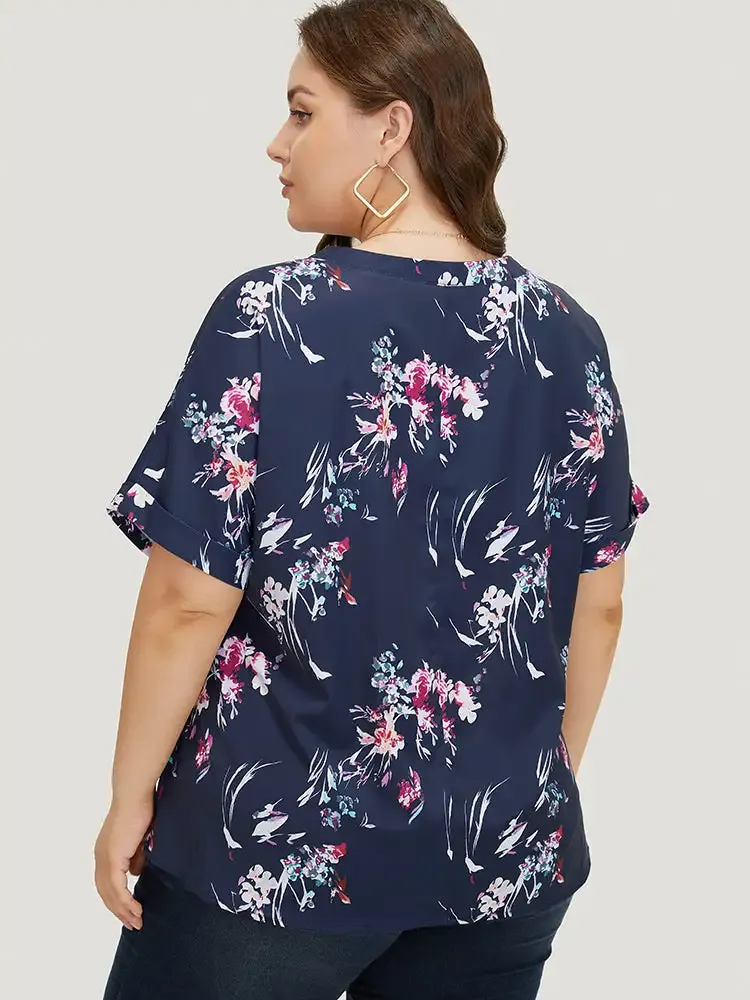 Floral Roll Batwing Sleeve Notched Neck Blouse