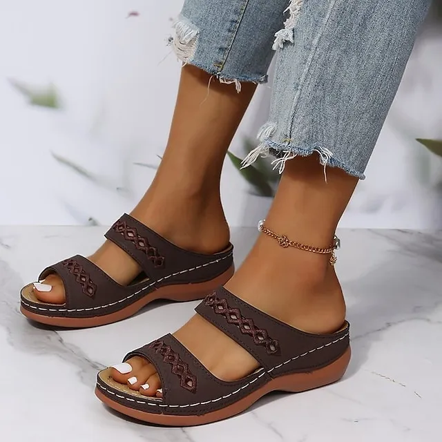 Women's Sandals Slippers Casual Daily Beach Solid Colored Summer Spring Cut Out Embroidery Wedge Heel Round Toe Casual Minimalism Synthetics Loafer Wine