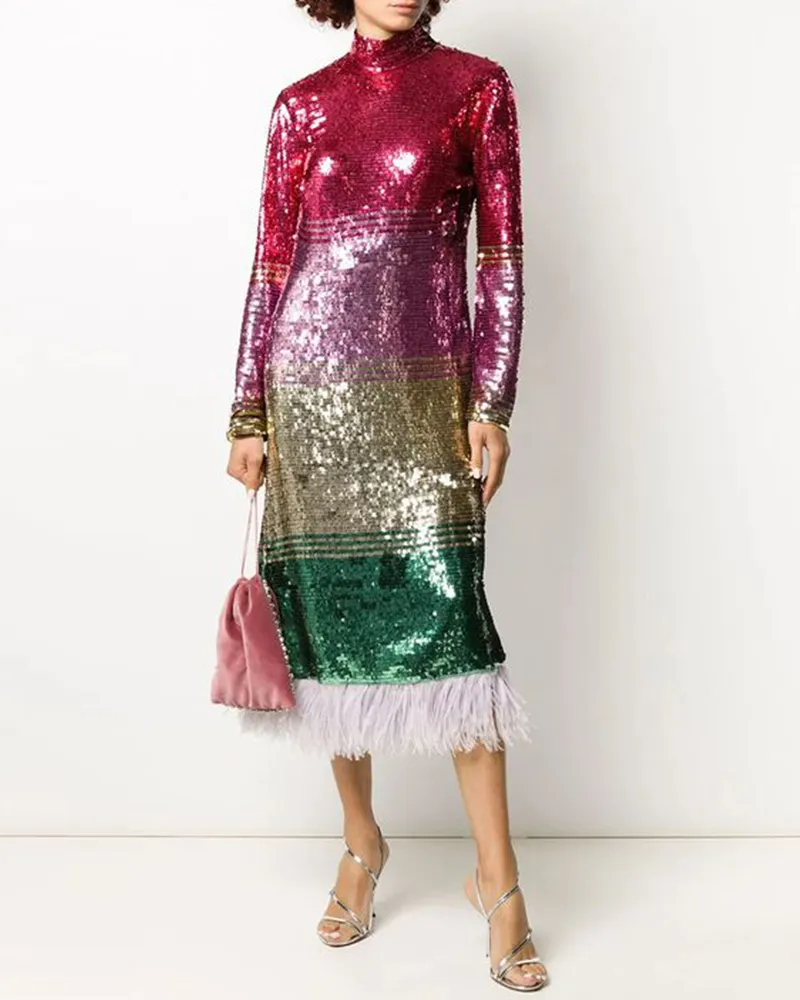 Feather sequined multicolor dress