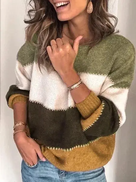 Striped Color Block Long Sleeve Round Neck  Sweater