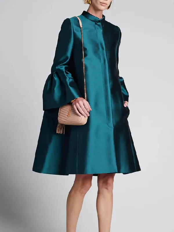 Stylish Selection Flared Sleeves Solid Color Stand Collar Mini Dresses