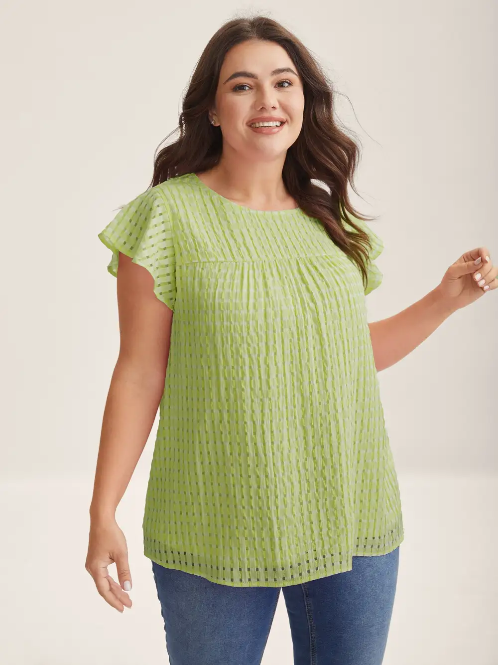 Textured Sheer Lined Flutter Sleeve Blouse