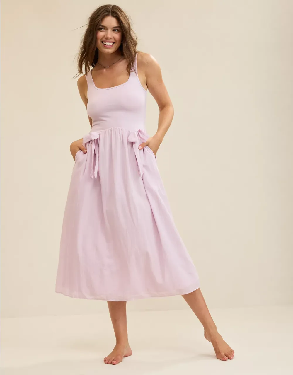 Women's Sleeveless Tank Midi Dress with Bow Detail and Pockets – Casual Summer Lounge Dress