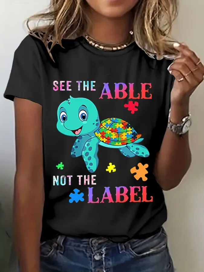 Women'S T-Shirt Women'S Autistic Print T-Shirt Alphabet Print Round Neck Cotton Short Sleeve