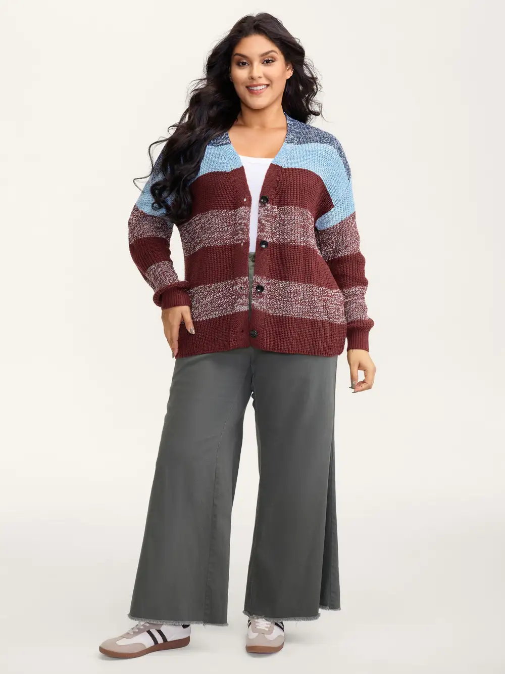 Colorblock Buttons V-Neck Knit Cardigan