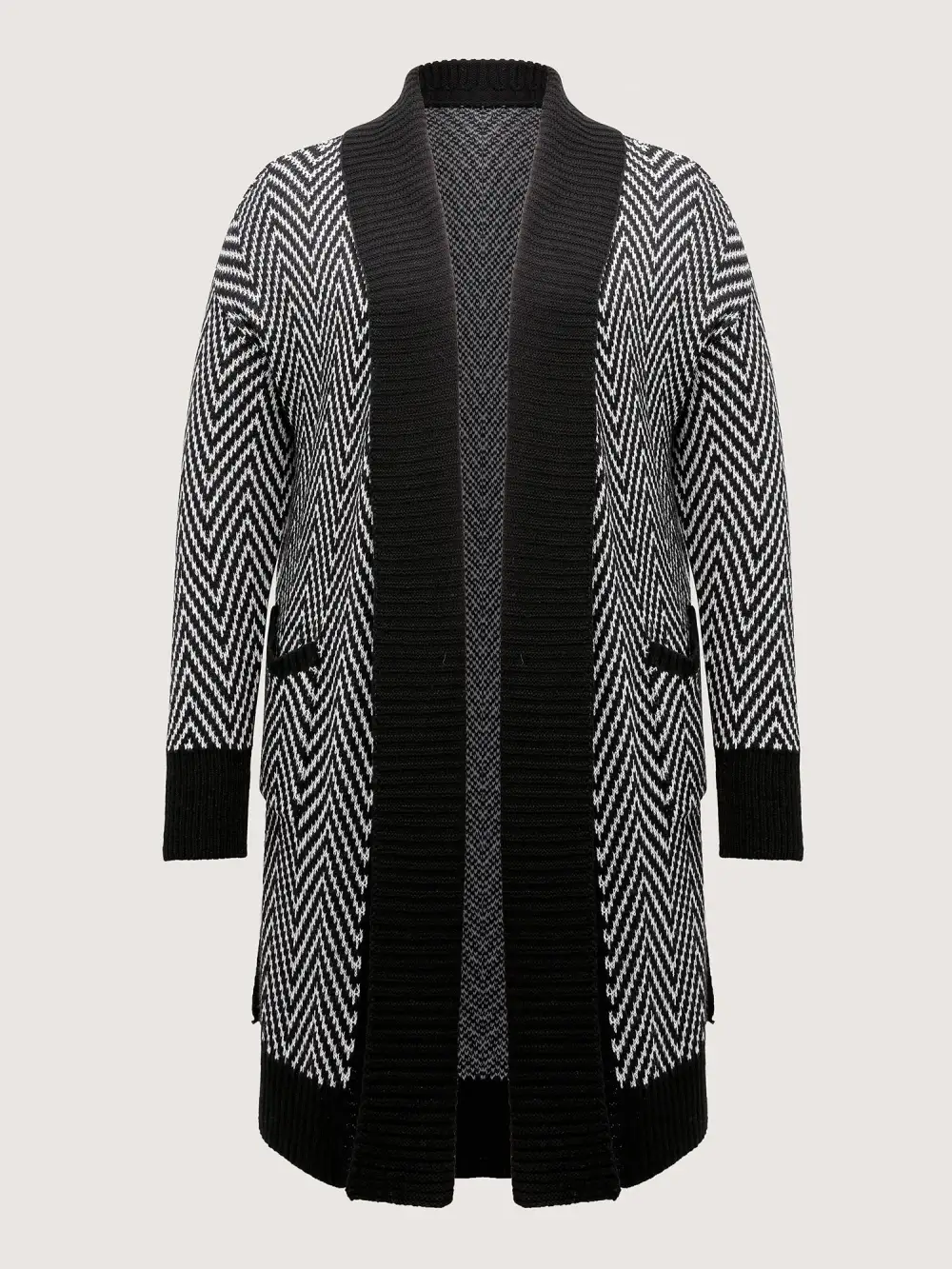 Geometric Pattern Pockets Open-Front Knit Cardigan