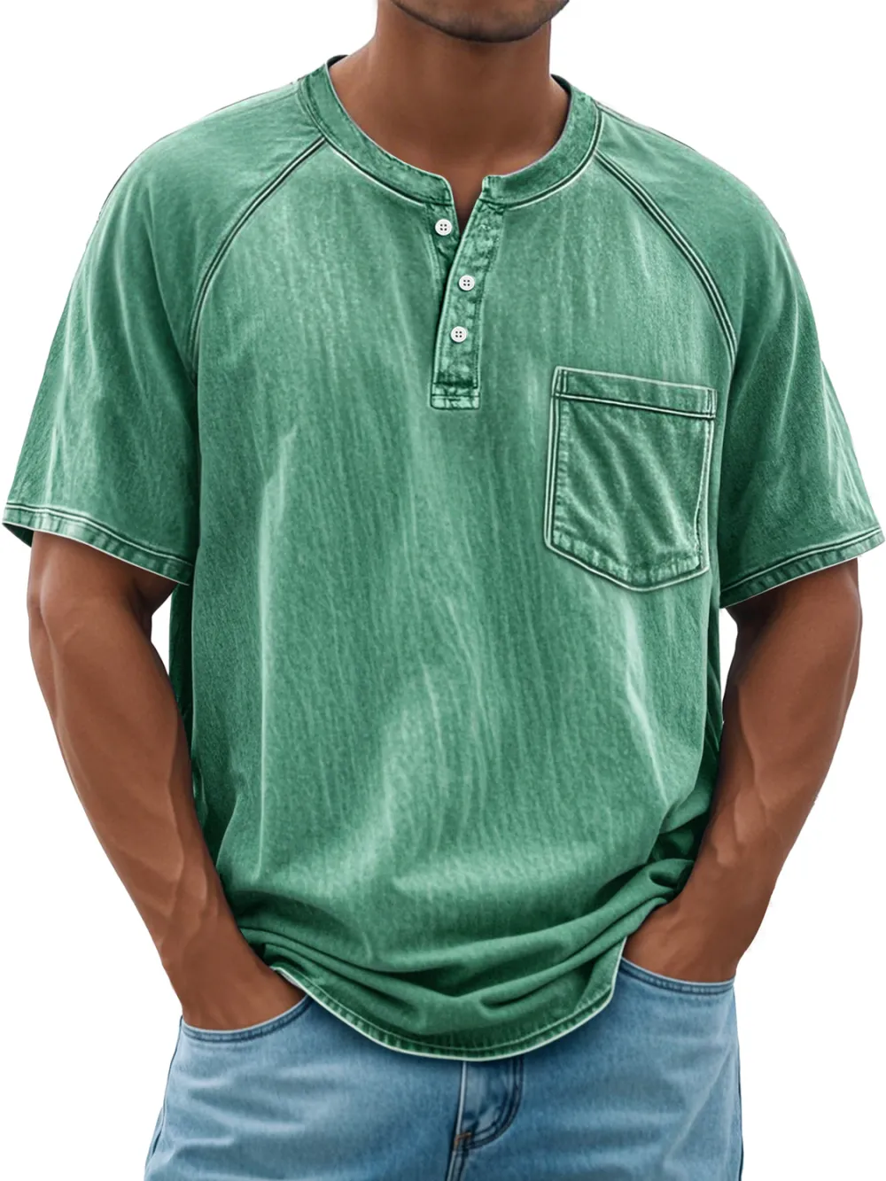 Men's Retro Everyday Raglan Pocket Casual Short Sleeve Henley Shirt