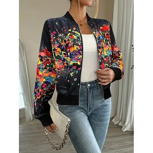 Women's Casual Jacket Comfortable Zipper Fashion Daily Modern Floral School Outdoor Vacation Home Regular Baseball Collar Regular Fit Long Sleeve Outerwear White Spring Fall