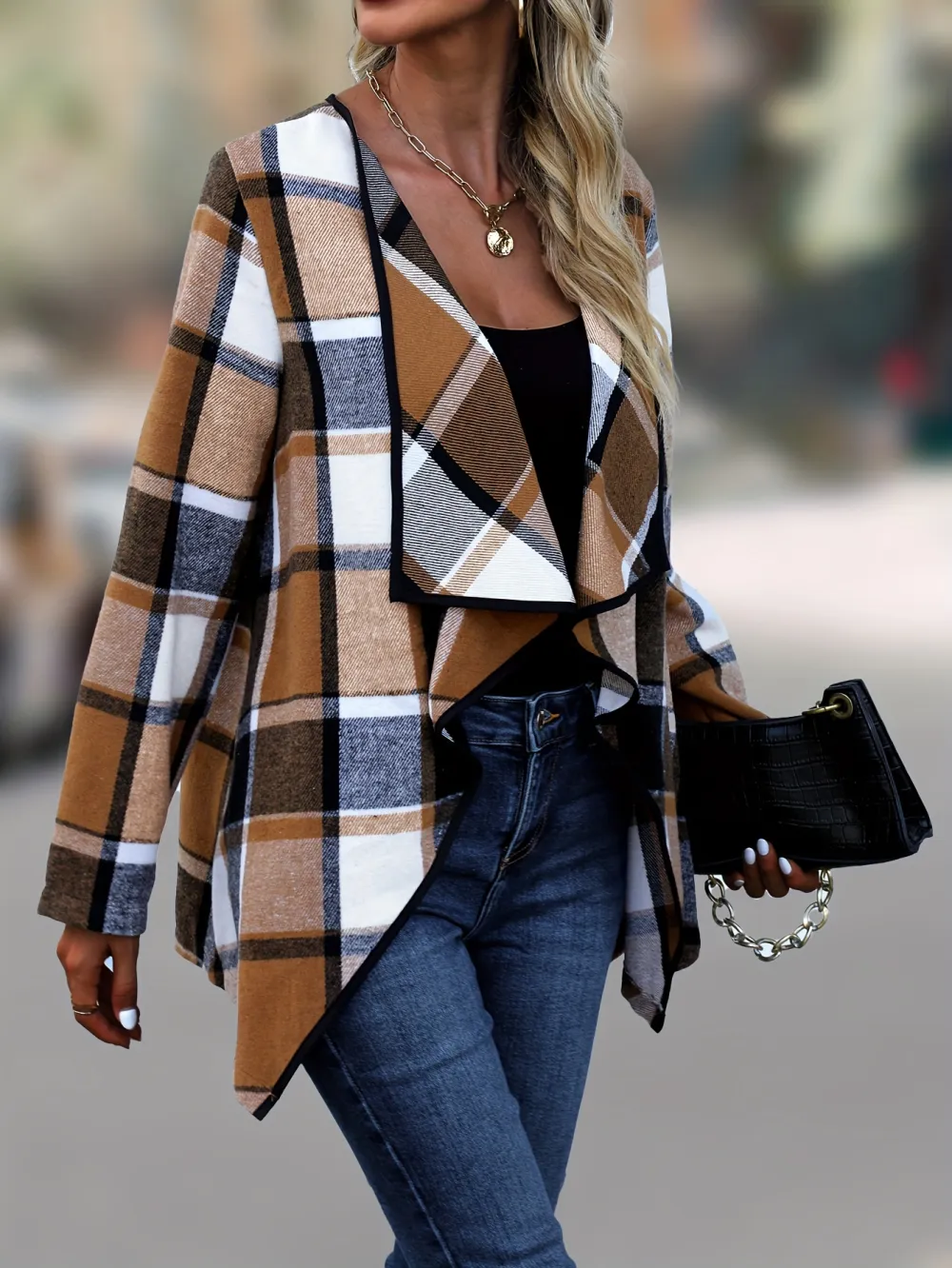 Stylish Plaid Open Front Coat - Versatile Long Sleeve for Chic Spring & Fall Style - Womens Fashion Clothing