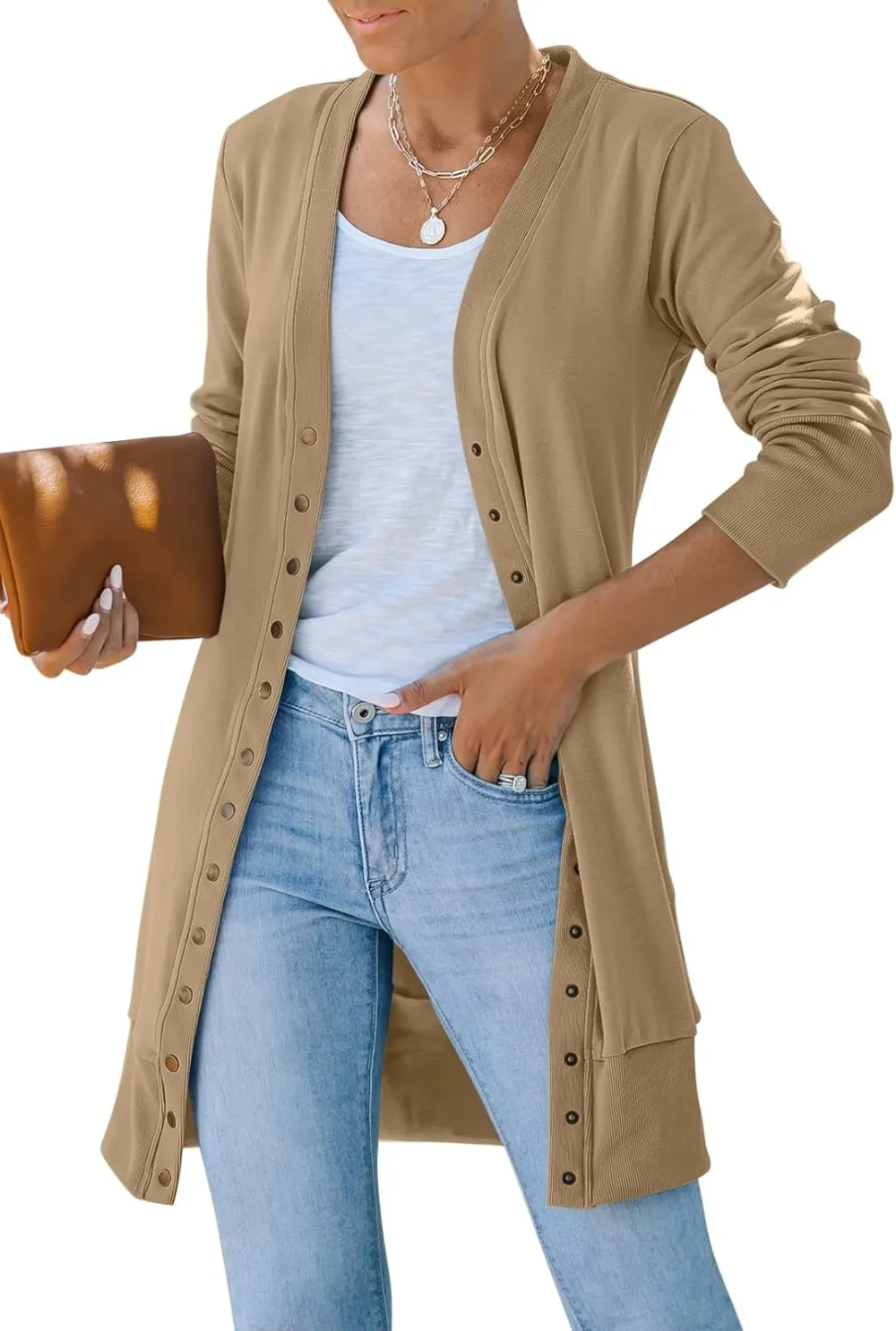 Women's 2024 Fall Long Sleeve Snap Button Down Solid Color Knit Ribbed Neckline Cardigans
